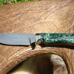 52100 BEARING STEEL BLADE WITH EMERALD GEEN RESIN WITH ALUMINUM SHRAPNEL HANDLE DROP POINT HUNTER FILE WORKED