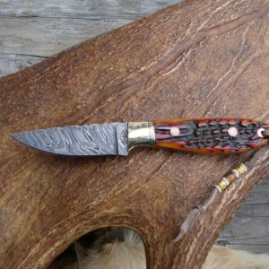 AMBER STAG HANDLE FIRE STORM DAMASCUS BLADE BIRD TROUT HUNTING KNIFE FILE WORKED