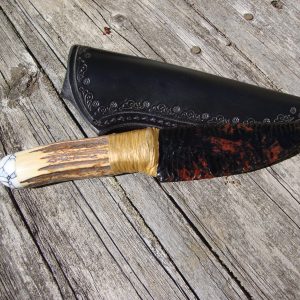 Elk Antler Obsidian Blade with Spider Web Stone Pommel Hunter