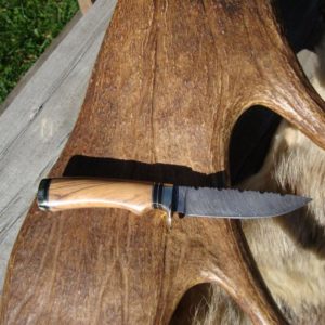 AFRICAN OLIVE WOOD WITH AFRICAN BLACKWOOD DAMASCUS BLADE HUNTING KNIFE WITH FILE WORKED BLADE