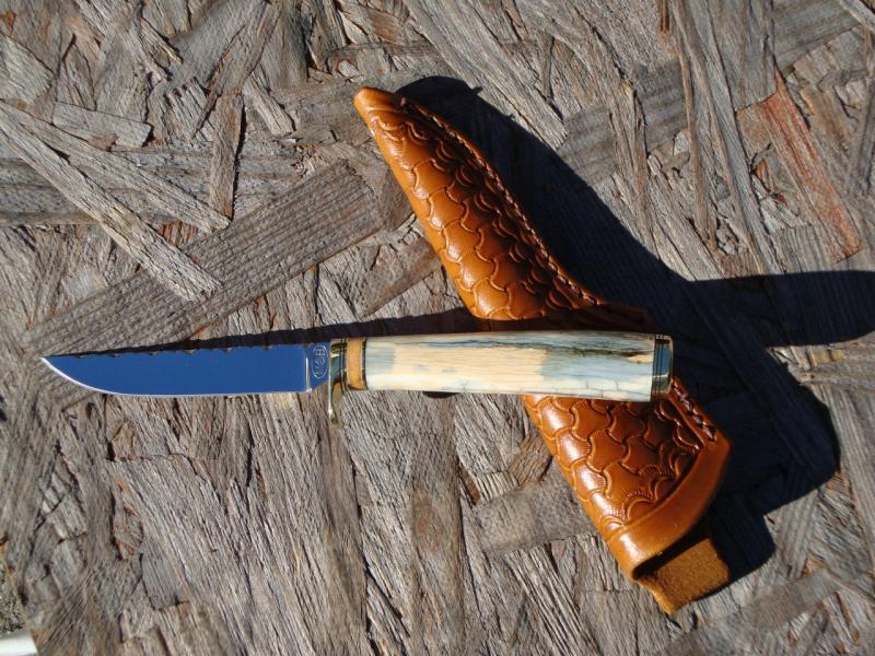 AFRICAN THEMED CAPE BUFFALO AND GIRAFFE BONE HANDLE FILE WORKED TOOL STEEL BLADE BIRD TROUT KNIFE