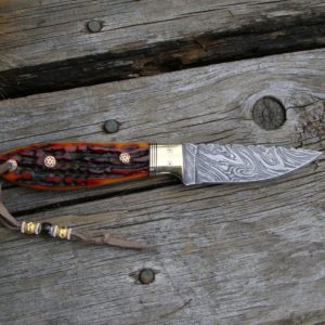 AMBER STAG HANDLE FIRE STORM DAMASCUS BLADE BIRD TROUT HUNTING KNIFE FILE WORKED