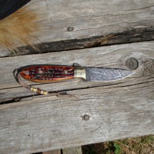 AMBER STAG HANDLE FIRE STORM DAMASCUS BLADE BIRD TROUT HUNTING KNIFE FILE WORKED