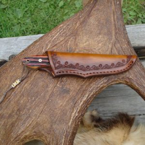 AMBER STAG HANDLE FIRE STORM DAMASCUS BLADE BIRD TROUT KNIFE