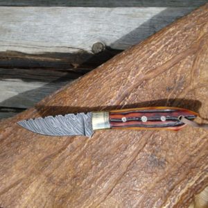 AMBER BONE HANDLE WITH FIRE STORM DAMASCUS BLADE BIRD TROUT KNIFE FILE WORKED