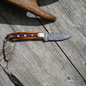 AMBER BONE HANDLE WITH FIRE STORM DAMASCUS BLADE BIRD TROUT KNIFE FILE WORKED