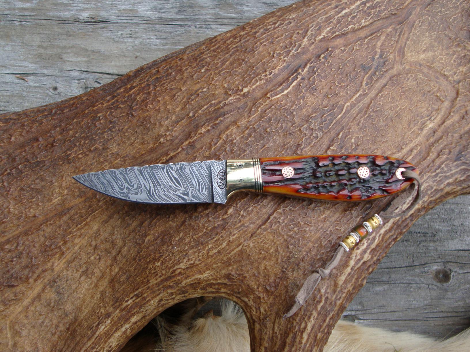 AMBER STAG HANDLE FIRE STORM DAMASCUS BLADE BIRD TROUT HUNTING KNIFE FILE WORKED