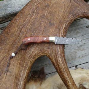 AMBOYNA BURL WOOD HANDLE DAMASCUS BLADE SMALL HUNTER