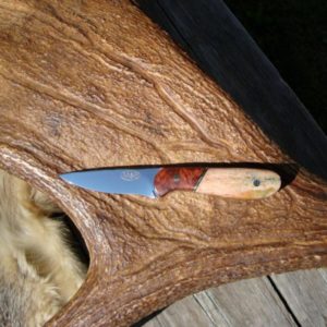 AMBOYNA BURL WOOD HANDLE WITH GIRAFFE BONE TOOL STEEL BLADE BIRD TROUT KNIFE FILE WORKED