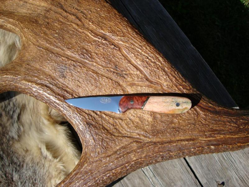 AMBOYNA BURL WOOD HANDLE WITH GIRAFFE BONE TOOL STEEL BLADE BIRD TROUT KNIFE FILE WORKED