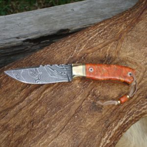 APPLE CORAL HANDLE DAMASCUS BLADE SMALL HUNTER FILE WORKED BLADE