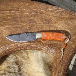 APPLE CORAL HANDLE DAMASCUS BLADE SMALL HUNTER FILE WORKED BLADE