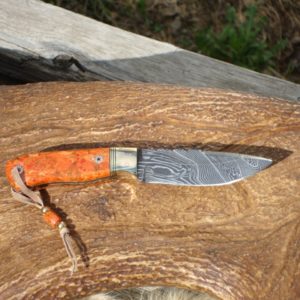 APPLE CORAL HANDLE DAMASCUS BLADE SMALL HUNTER FILE WORKED BLADE