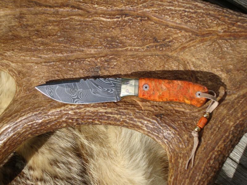 APPLE CORAL HANDLE DAMASCUS BLADE SMALL HUNTER FILE WORKED BLADE