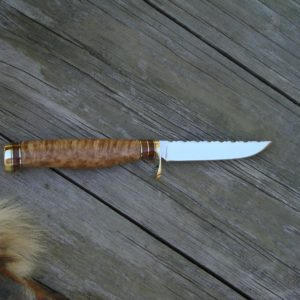 CARBON STEEL ASH BURL & AMBOYNA WOOD HANDLE BIRD TROUT KNIFE