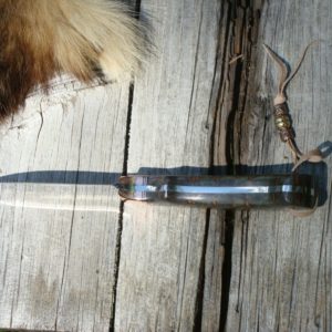 BLUE DYED REDWOOD LACE BURL HANDLE DROP POINT COPPER BOLSTERS WITH FILE WORK