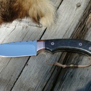 BLUE DYED REDWOOD LACE BURL HANDLE DROP POINT COPPER BOLSTERS WITH FILE WORK