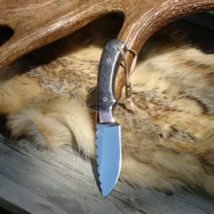 BLUE DYED REDWOOD LACE BURL HANDLE DROP POINT COPPER BOLSTERS WITH FILE WORK