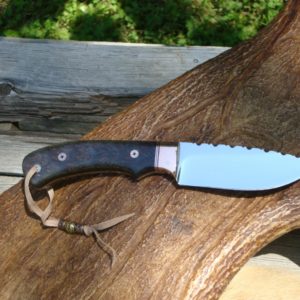 BLUE DYED REDWOOD LACE BURL HANDLE DROP POINT COPPER BOLSTERS WITH FILE WORK
