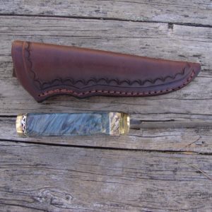 Tiger Damascus Blade with blue dyed maple burl and Mammoth Tooth handle File worked blade