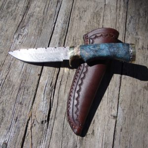 Tiger Damascus Blade with blue dyed maple burl and Mammoth Tooth handle File worked blade