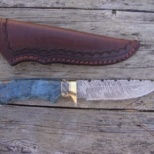 Tiger Damascus Blade with blue dyed maple burl and Mammoth Tooth handle File worked blade