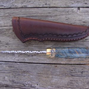 Tiger Damascus Blade with blue dyed maple burl and Mammoth Tooth handle File worked blade