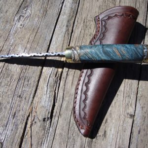 Tiger Damascus Blade with blue dyed maple burl and Mammoth Tooth handle File worked blade