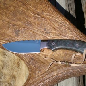 BLUE DYED REDWOOD LACE BURL HANDLE DROP POINT COPPER BOLSTERS WITH FILE WORK