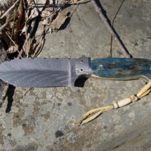 BLUE MAMMOTH IVORY WITH FEATHER DAMASCUS BLADE EGERLING DAMASCUS BOLSTERS