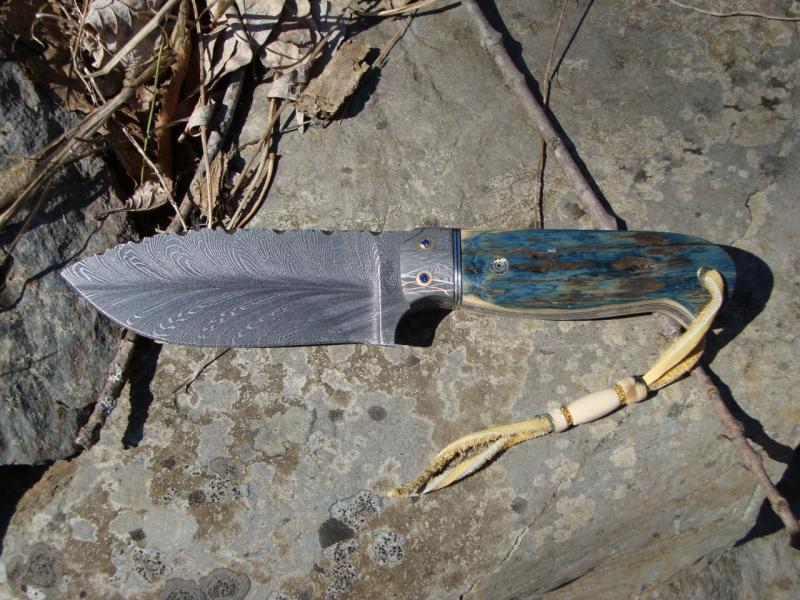 BLUE MAMMOTH IVORY WITH FEATHER DAMASCUS BLADE EGERLING DAMASCUS BOLSTERS