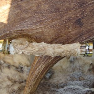 CARVED STAG SHAMAN SCENE HANDLE BOWIE DAMASCUS BLADE FILE WORKED