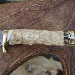 CARVED STAG SHAMAN SCENE HANDLE BOWIE DAMASCUS BLADE FILE WORKED