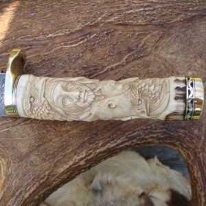CARVED STAG SHAMAN SCENE HANDLE BOWIE DAMASCUS BLADE FILE WORKED