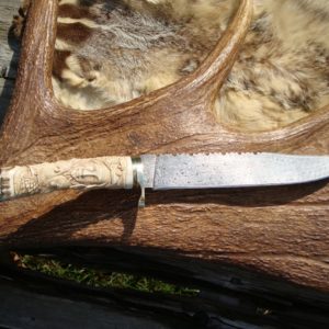 CARVED STAG SHAMAN SCENE HANDLE BOWIE DAMASCUS BLADE FILE WORKED