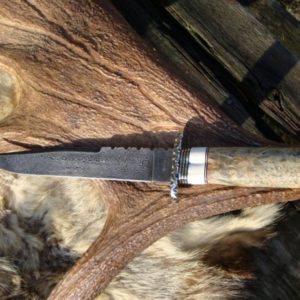 BOXELDER WITH WARTHOG TUSK HANDLE DAMASCUS BOWIE WITH FILE WOORK