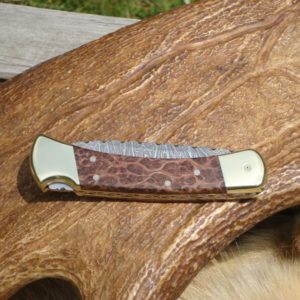 CUSTOM BUCK 110 TIGER DAMASCUS DROP POINT BLADE LACE REDWOOD SCALES FILE WORKED INSIDE AND OUT