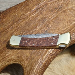 CUSTOM BUCK 110 TIGER DAMASCUS DROP POINT BLADE LACE REDWOOD SCALES FILE WORKED INSIDE AND OUT