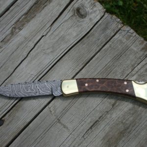 CUSTOM BUCK 110 TIGER DAMASCUS DROP POINT BLADE LACE REDWOOD SCALES FILE WORKED INSIDE AND OUT