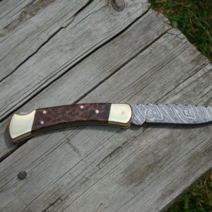 CUSTOM BUCK 110 TIGER DAMASCUS DROP POINT BLADE LACE REDWOOD SCALES FILE WORKED INSIDE AND OUT