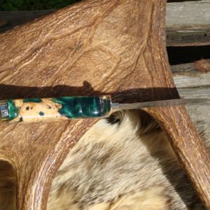 BUCKEYE BURL WITH EMERALD RESIN HANDLE DAMASCUS BLADE FAT BELLY DROP POINT