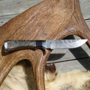 CUSTOM SCANDI GRIND DAMASCUS BLADE WITH BUCKEYE BURL AND BUFFALO