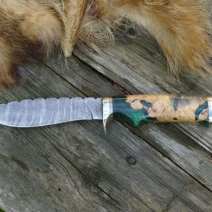 BUCKEYE BURL WITH EMERALD RESIN HANDLE DAMASCUS BLADE FAT BELLY DROP POINT