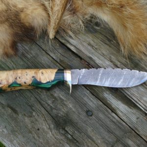 BUCKEYE BURL WITH EMERALD RESIN HANDLE DAMASCUS BLADE FAT BELLY DROP POINT