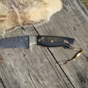 HONEY BUFFALO HANDLE WAVE PATTERN DAMASCUS BLADE DROP POINT WITH FILE WORK