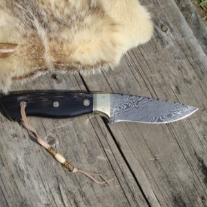 HONEY BUFFALO HANDLE WAVE PATTERN DAMASCUS BLADE DROP POINT WITH FILE WORK