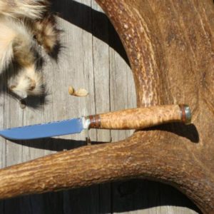 CARBON STEEL ASH BURL & AMBOYNA WOOD HANDLE BIRD TROUT KNIFE