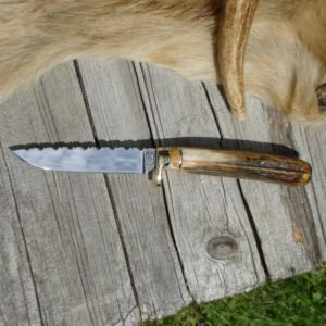 CARBON STEEL BLADE BIRD TROUT KNIFE WITH INDIA STAG AND LEOPARD JASPER HANDLE FILE WORKED BLADE
