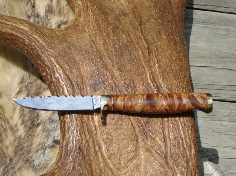 CARBON STEEL TIGER CORAL WITH TIGER MAPLE HANDLE DROP POINT BIRD TROUT CUSTOM KNIFE WITH FILE WORKED BLADE