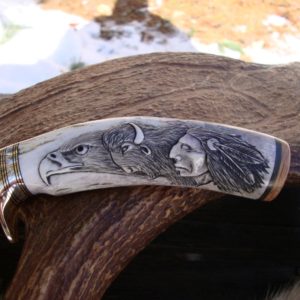 CARVED ELK STAG DAMASCUS BLADE KNIFE